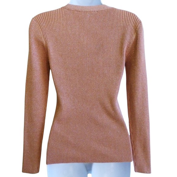 White House Black Market Metallic Ribbed Henley Sweater Pink V Neck Long Sleeve - Picture 3 of 7